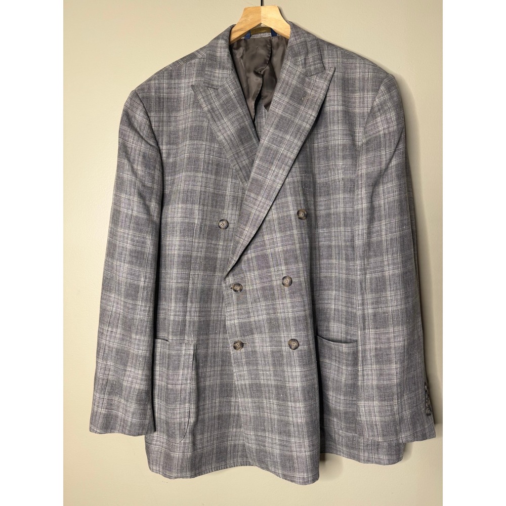 Brooks Brothers Regent Fit Gray Plaid Linen Wool Drago Double Breasted Blazer50R